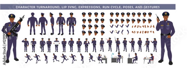 Fototapeta 
Police Officer Character Design Model Sheet. Man, Character design. Front, side, back view and explainer animation poses. Character set with lip sync and Walk cycle animation sequences.
