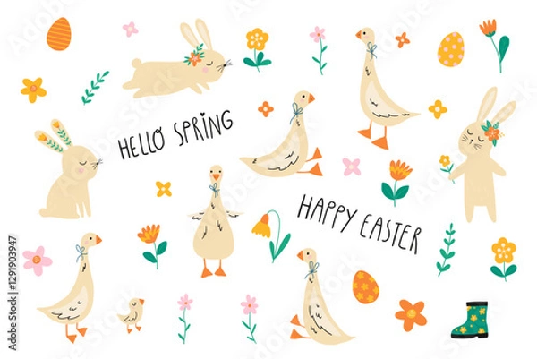 Fototapeta Set of easter elements. Cute Easter set. Spring collection of rabbits, geese, flowers, eggs and lettering. Spring illustration in hand drawn style.  Isolated on white background. 