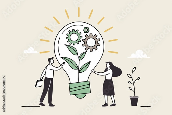 Fototapeta ESG, Environmental, Social and Corporate Governance, company responsibility to care world environment and people concept, business people touch light bulb with seedling green plant and governance gear
