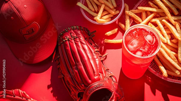 Fototapeta Flat Lay with Baseball Glove, Cap, Soft Drink, and Fries on Red Background.