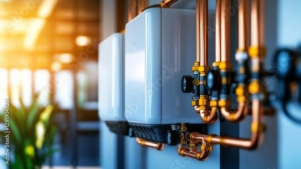 Fototapeta A wall mounted white boiler with copper pipes, showcasing modern plumbing in bright environment. setup highlights efficiency and contemporary design