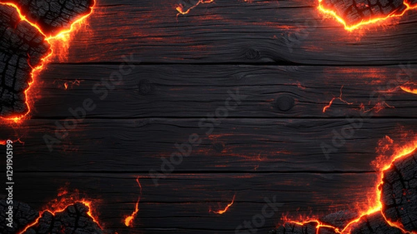 Fototapeta Black charred wood background with glowing orange lava like edges creates dramatic and intense atmosphere. Perfect for designs needing bold, fiery touch