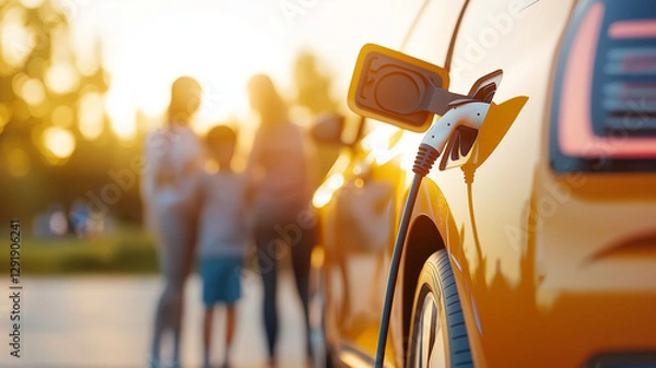 Fototapeta electric car charging at home during sunset, with family in background enjoying quality time together. warm light creates cozy atmosphere