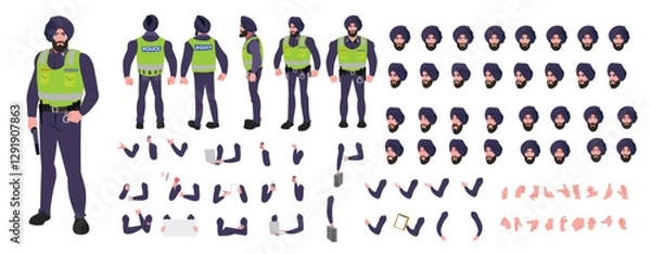 Obraz 
Police Officer Character Design Model Sheet. Man, Character design. Front, side, back view and explainer animation poses. Character set with lip sync and Walk cycle animation sequences.
