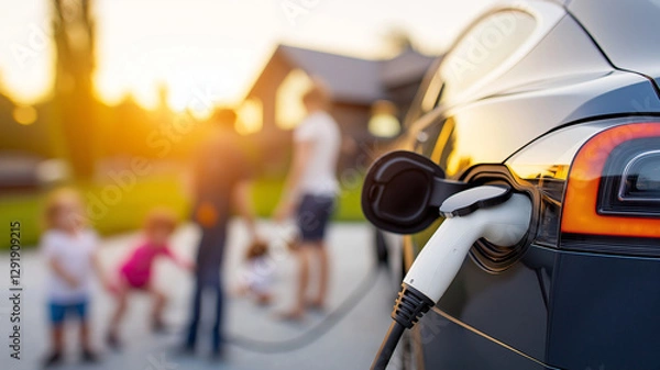 Fototapeta family enjoys outdoor time while electric car charges in background. warm sunset creates cozy atmosphere, highlighting connection between modern technology and family life