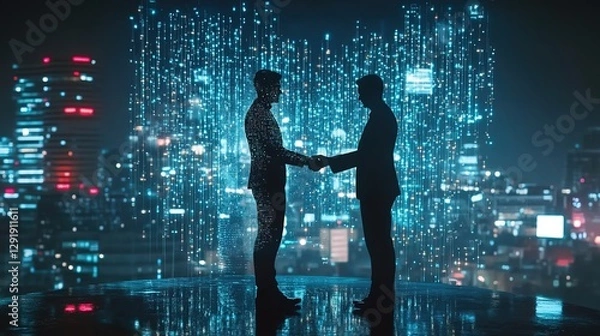 Fototapeta Double exposure image of business people handshake on city office building in background showing partnership success of business deal. Concept of corporate teamwork, trust partner and work agreement.