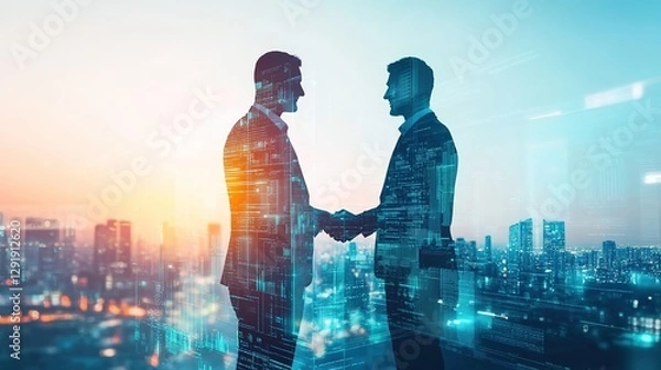 Obraz Double exposure image of business people handshake on city office building in background showing partnership success of business deal. Concept of corporate teamwork, trust partner and work agreement.