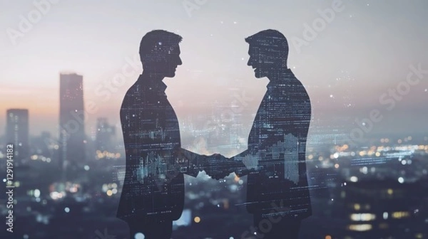Obraz Double exposure image of business people handshake on city office building in background showing partnership success of business deal. Concept of corporate teamwork, trust partner and work agreement.