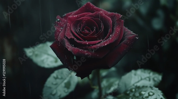 Fototapeta Red rose flower close-up. Beautiful Dark red rose with drops of water on the petals, close-up. A symbol of love