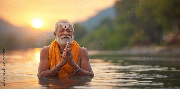 Fototapeta serene old man praying in Ganga river at sunset, embodying peace and spirituality. warm glow of sun enhances tranquil atmosphere, reflecting devotion and calmness