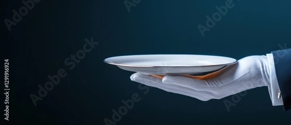 Fototapeta butler presents a blank plate on gloved hand