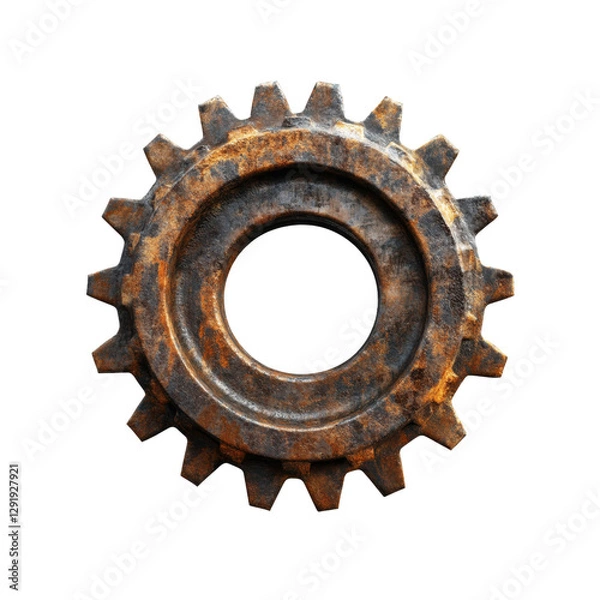 Fototapeta Close-up of an industrial metal gear with a rusty coating on a transparent background, png