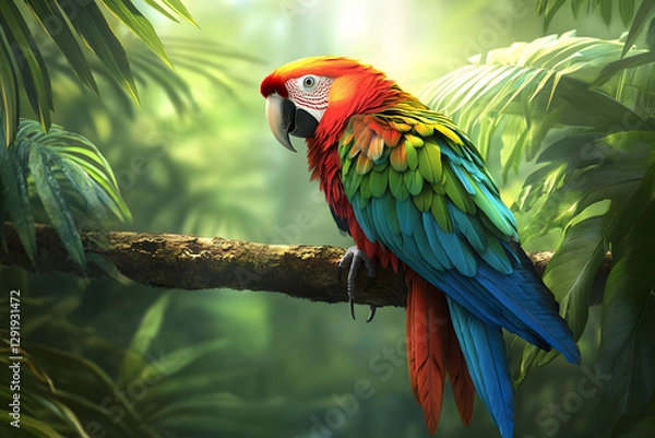 Fototapeta A colorful parrot perched on a tropical branch, vibrant jungle background,bird day
