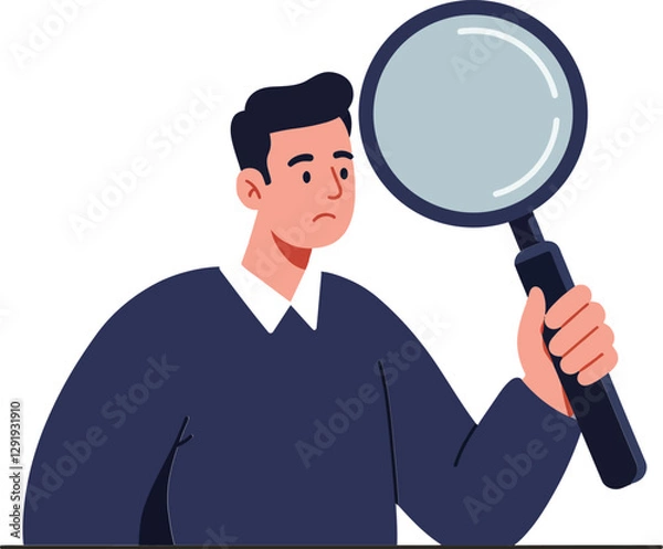 Fototapeta A man holding a magnifying glass while showing curiosity in a flat vector illustration featuring a clean and modern design style, ideal for educational content or research themes vector art