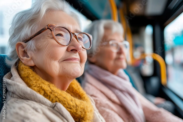 Fototapeta Elderly woman in glasses enjoys peaceful bus ride. Warm scarf and relaxed smile reflect comfort and independence, highlighting urban mobility for seniors in modern city life.