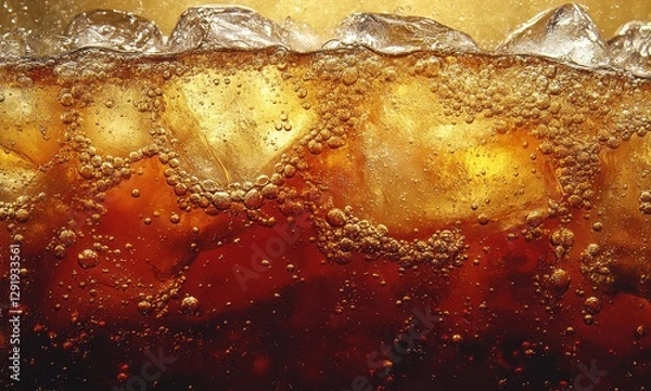 Obraz Refreshing Carbonated Beverage with Bubbles and Ice Cubes, Captured in Close-Up with a Warm Golden Background, Perfect for Summer Thirst Quenching Moments