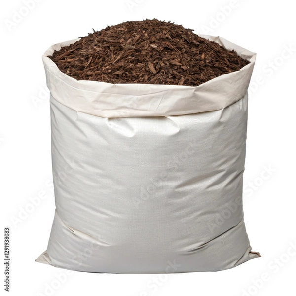 Fototapeta spring season equipment, Sack filled with mulch or soil material isolated on a white background.