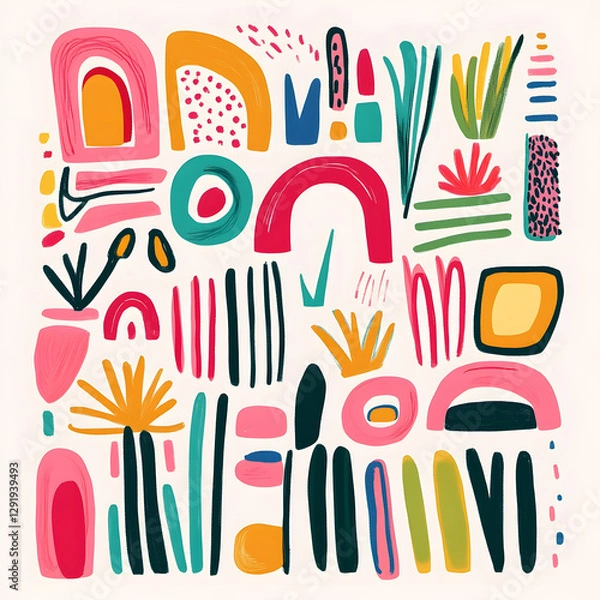 Obraz Abstract shapes and lines in bold, colorful hues, resembling hand-drawn doodles, arranged to create an eclectic pattern on a white background. 