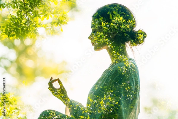 Fototapeta Surreal image of a woman meditating in nature, blending harmoniously with trees and leaves in a double exposure effect.