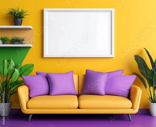 Fototapeta Modern living room with yellow walls, purple floor, plants, sofa, and empty white frame for mockups