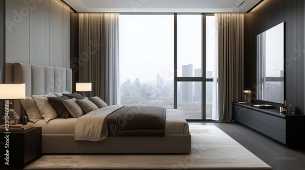 Fototapeta Photograph of a luxurious modern bedroom with a minimalist design. A large king-size bed with a gray upholstered headboard is covered in soft, neutral-toned bedding.
