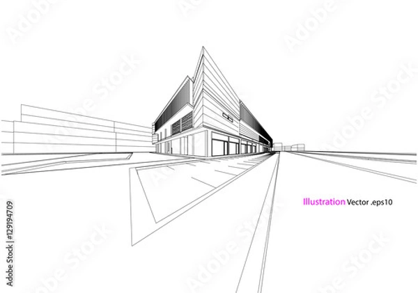 Obraz commercial building structure architecture abstract drawing, 3d illustration vector