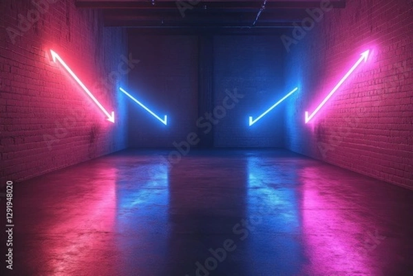 Obraz Abstract scene with glowing neon arrows, blue and pink, facing opposite directions