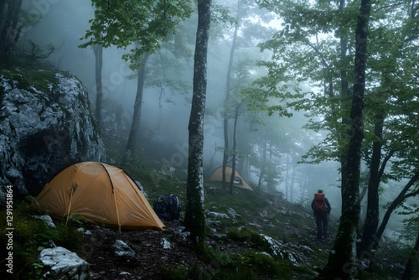 Obraz High-quality photo of a camping tent set up in the middle of a lush forest. Surrounded by trees, creating a peaceful and natural camping environment.