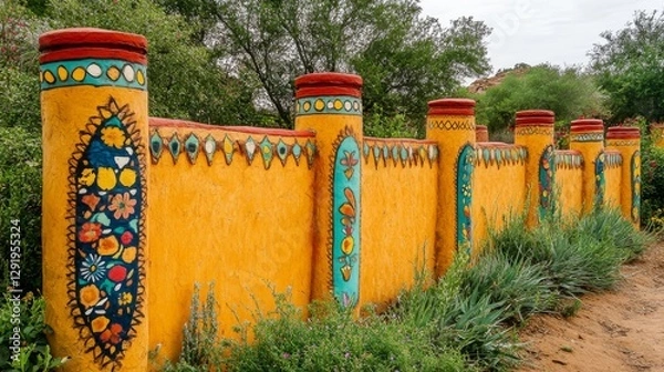 Obraz Mexican adobe wall fence with colorful painted designs.