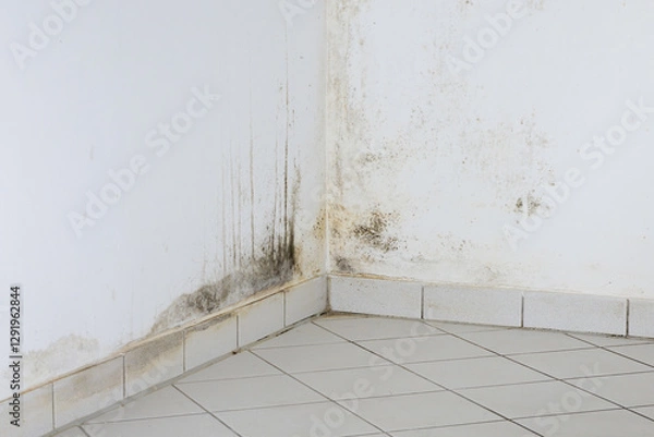 Obraz Black mould on a wall at home in a kitchen room. Dark green or black fungus as consequence of water damp and a cold wall during winter. The thermal bridge is a construction mistake.