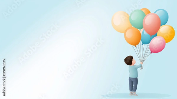 Fototapeta Young boy gripping vibrant balloons against light blue gradient, symbolizing joy, innocence, childhood imagination
