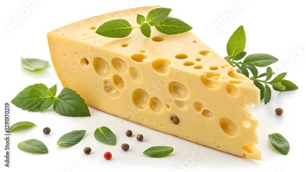 Fototapeta Swiss cheese wedge with basil and peppercorns. Piece of cheese on white background. Created with Ai