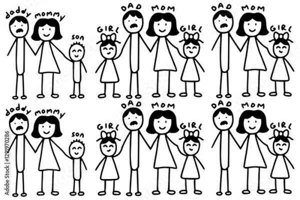 Obraz Smiling stick figure family members are standing together, representing family values and togetherness designs. Sets variety member in families, sons, daughters. Mom. Dad. minimalistic art