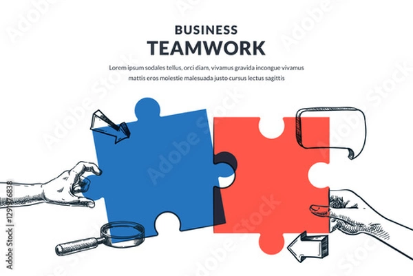 Fototapeta Hands connect puzzle. Vector hand drawn sketch illustration. Business teamwork , collaboration, partnership concept