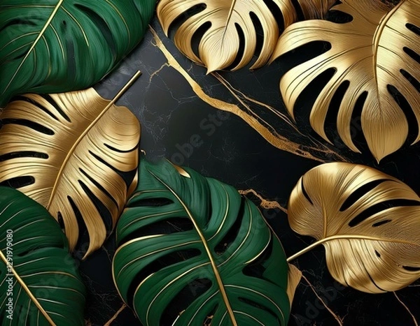 Obraz elegant tropical design with lush green monstera leaves and golden accents arranged on black marble background with delicate gold veins for luxury branding modern invitations decorative projects