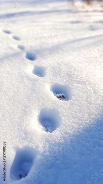 Fototapeta In the quiet of a snow-covered forest, fresh animal tracks cut through the icy ground, creating a delicate trail through the wilderness, untouched by human hands