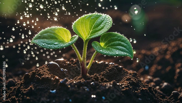 Obraz Junge Pflanze die gerade gegossen wird.