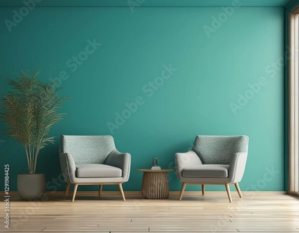 Obraz room with teal mint turquoise wall and wooden floor with gray armchairs pastel room interior mockup empty lounge office or reception hall for art canvas 3d render
