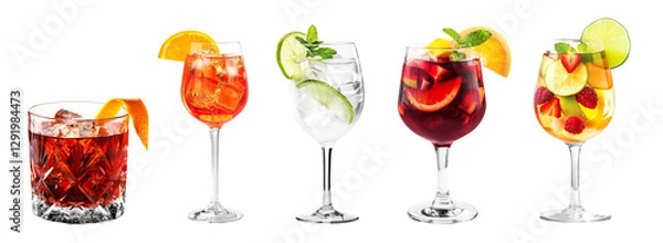 Fototapeta Negroni, Aperol Spritz, Gin Tonic, Red White Sangria cocktail transparent PNG set bundle, isolated background. Bar menu cocktails in old fashioned and wine glass, colorful refreshing drink garnish