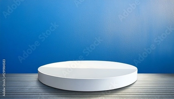 Fototapeta white circular display platform against a soft blue wall
