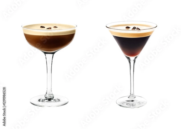 Fototapeta Espresso Martini cocktail with coffee bean garnish transparent PNG set bundle, isolated background. Mixology, bar menu cocktails in coupe saucer and martini glass, colorful refreshing drink