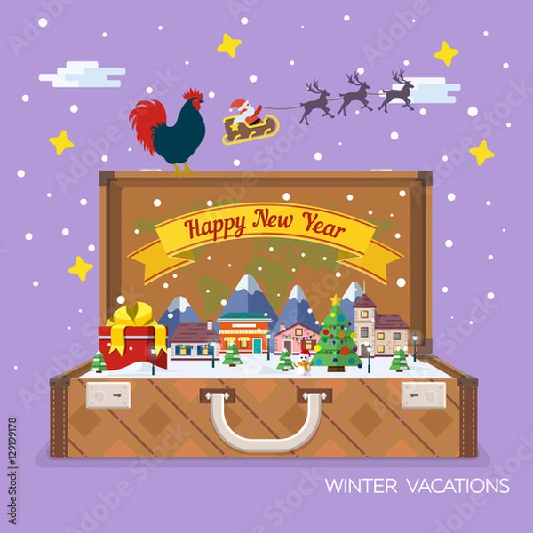 Fototapeta Merry Christmas and Happy New Year flat banner. Vector illustration for the website, calendar, ads, banners. Winter landscape. Open suitcase with landmarks. Santa Claus and plane in the sky.