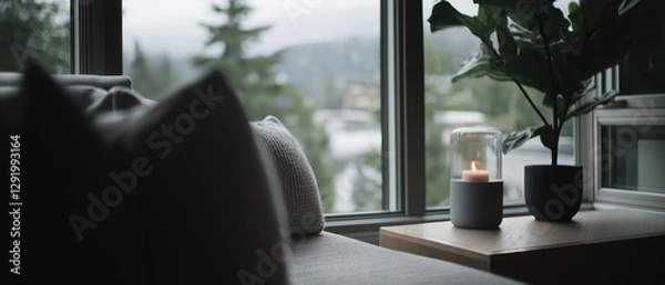Fototapeta Cozy living room with a large window that offers a view of the mountains and trees outside. on the right side of the window, there is a wooden nightstand with a black vase and a small plant on it.
