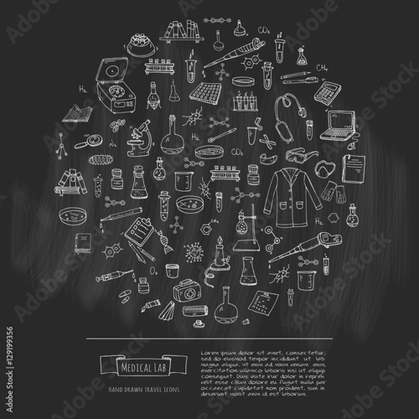 Fototapeta Hand drawn doodle Medical laboratory icons set. Vector illustration. Chemical lab symbol collection. Cartoon medicine and healthcare elements: research tools, substance and molecules, lab coat, mask