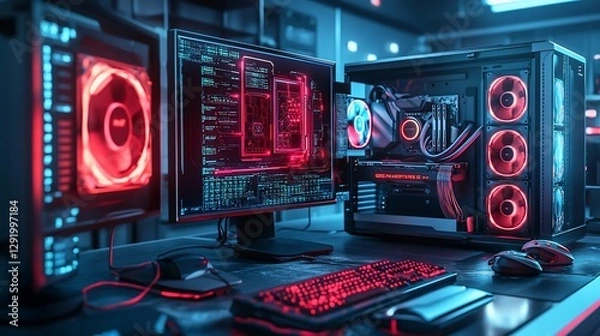 Fototapeta High-performance gaming PC setup with RGB lighting.