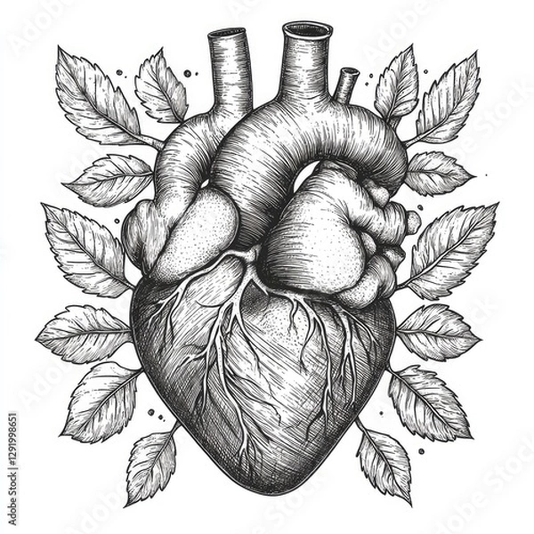 Fototapeta Sketch engraving style human heart black and white, anatomical human heart with veins and arteries, featuring intricate linework sketch engraving, White background.