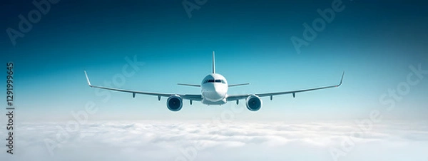 Fototapeta A white airplane flying in the sky, surrounded by clouds.
