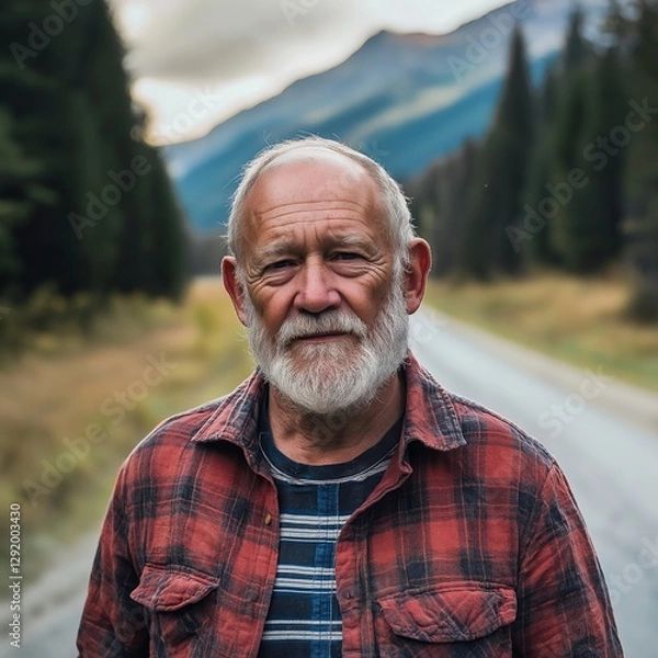 Fototapeta A wise-looking man stands amidst a beautiful landscape scenery.