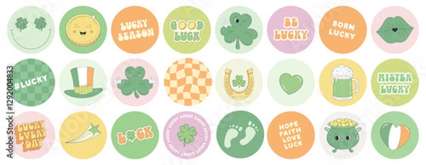 Fototapeta St. Patrick's Day round stickers in groovy retro style. Clover, leprechaun hat, horseshoe, gold coin, beer, pot of gold. Sticker pack of cartoon characters, elements, phrases, good luck wishes.