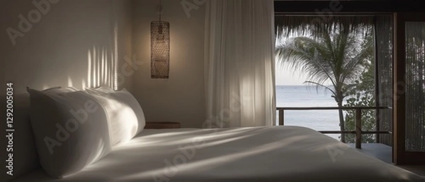 Fototapeta Bedroom with a large window that offers a beautiful view of the ocean. the window is covered with sheer white curtains and has a wooden railing on the right side.